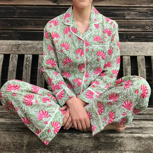Block Printed Cotton Pajamas "Green and Pink Floral"
